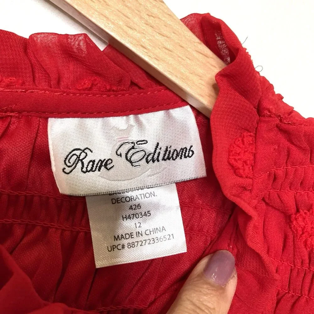 Rare Editions Red Girls' 12 Clip Dot Chiffon Smocked Dress Ruffled Neckline NWT